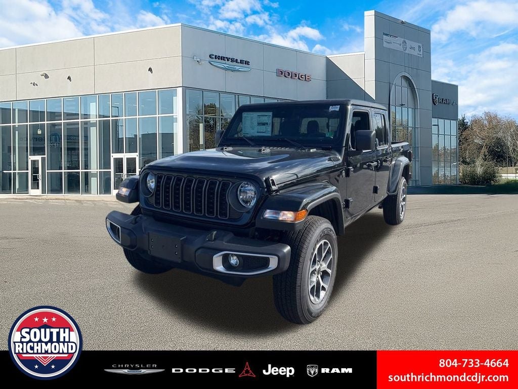 2025 Jeep Gladiator GLADIATOR SPORT S 4X4 in Black Clear-Coat Exterior Paint — front three-quarter view