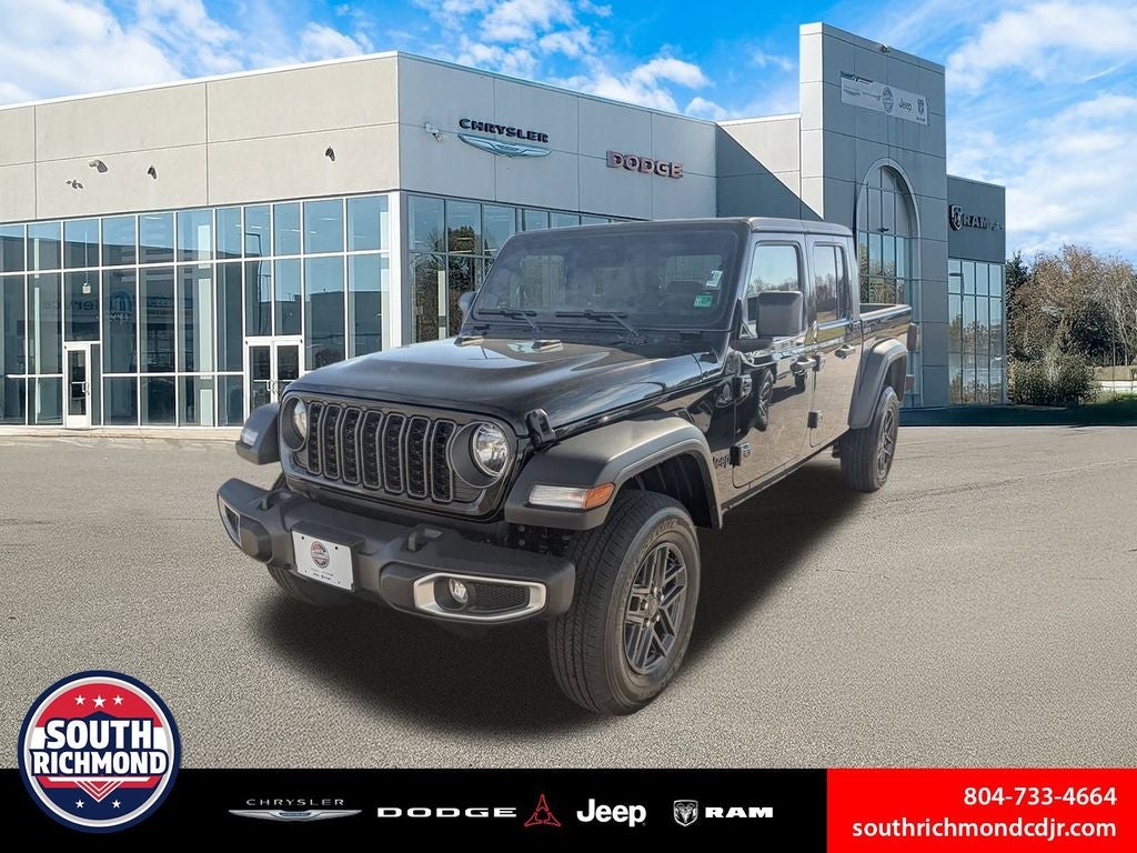 2026 Jeep Gladiator GLADIATOR SPORT S 4X4 in Black Clear-Coat Exterior Paint — front three-quarter view
