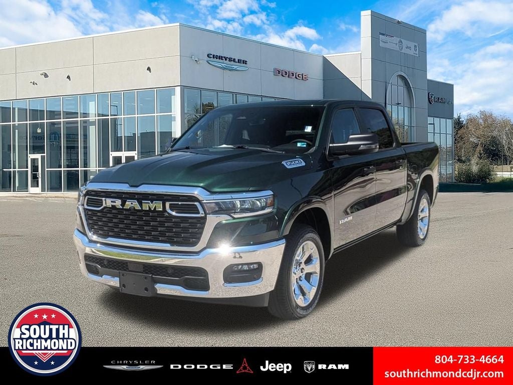 2026 RAM Ram 1500 RAM 1500 BIG HORN CREW CAB 4X4 5'7' BOX in Serrano-Green Metallic Exterior Paint — front three-quarter view