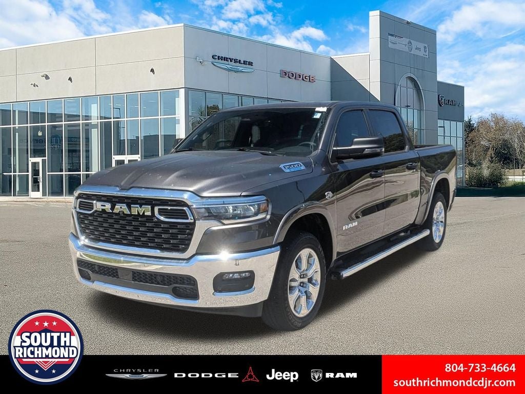 2026 RAM Ram 1500 RAM 1500 BIG HORN CREW CAB 4X4 5'7' BOX in Granite Crystal Metallic Clear-Coat Exterior Paint — front three-quarter view