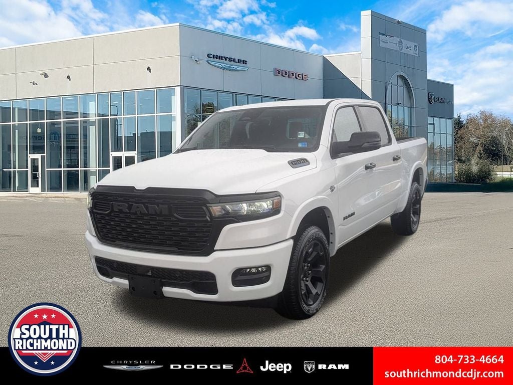 2026 RAM Ram 1500 RAM 1500 BIG HORN CREW CAB 4X4 5'7' BOX in Bright White Clear-Coat Exterior Paint — front three-quarter view