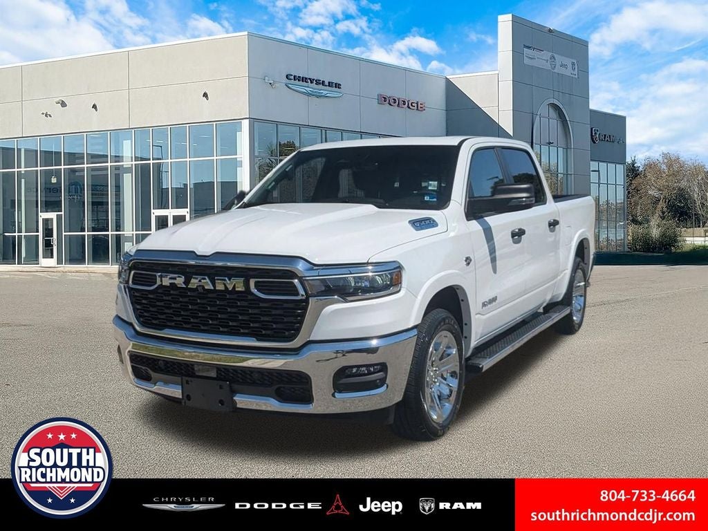 2026 RAM Ram 1500 RAM 1500 BIG HORN CREW CAB 4X4 5'7' BOX in Bright White Clear-Coat Exterior Paint — front three-quarter view