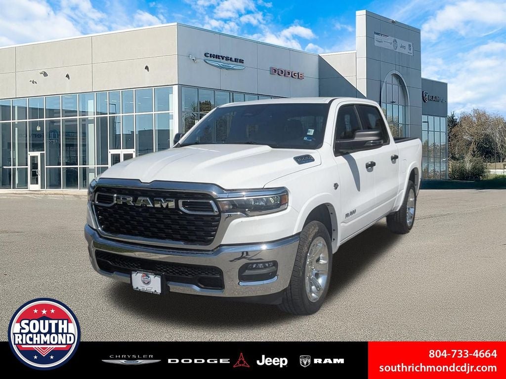 2026 RAM Ram 1500 RAM 1500 BIG HORN CREW CAB 4X4 5'7' BOX in Bright White Clear-Coat Exterior Paint — front three-quarter view