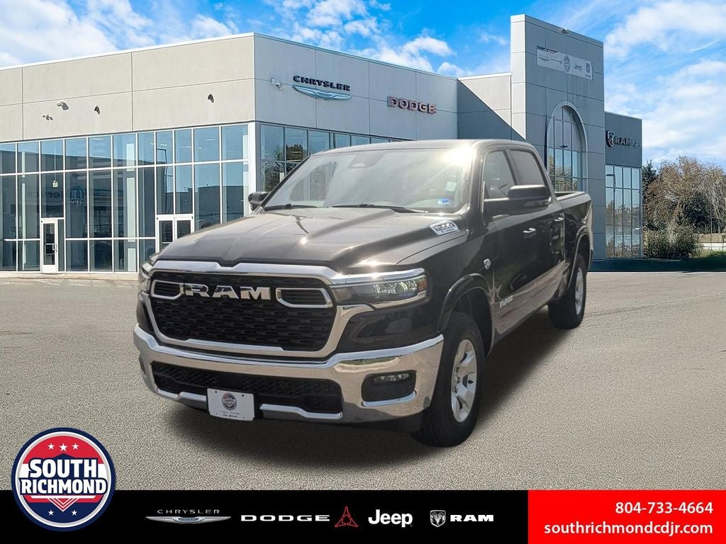2026 RAM Ram 1500 RAM 1500 BIG HORN CREW CAB 4X4 5'7' BOX in Diamond Black Crystal Pearl-Coat Exterior Paint — front three-quarter view