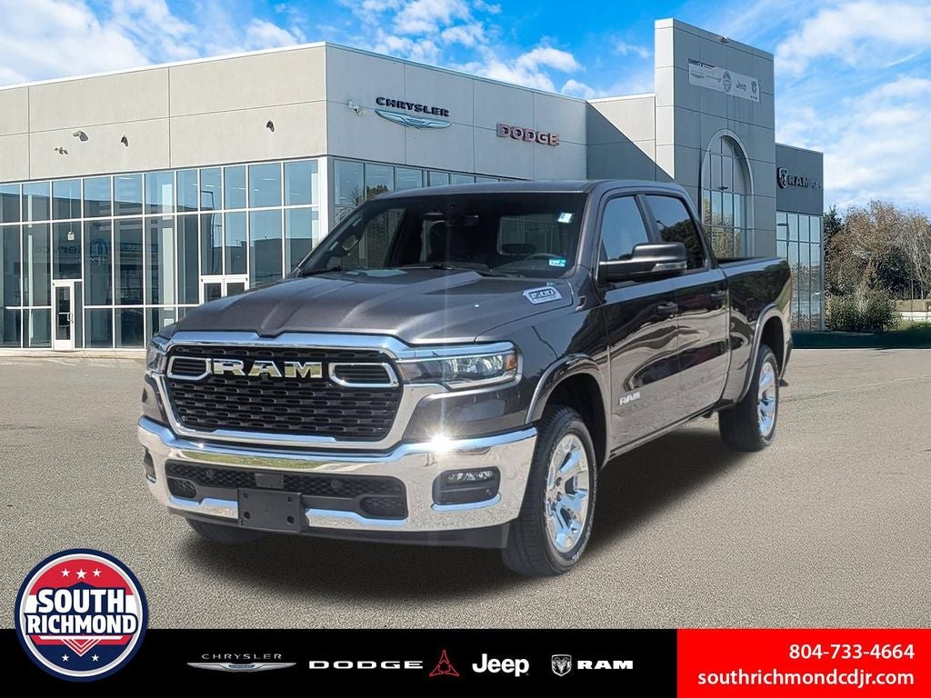 2026 RAM Ram 1500 RAM 1500 BIG HORN CREW CAB 4X4 6'4' BOX in Granite Crystal Metallic Clear-Coat Exterior Paint — front three-quarter view