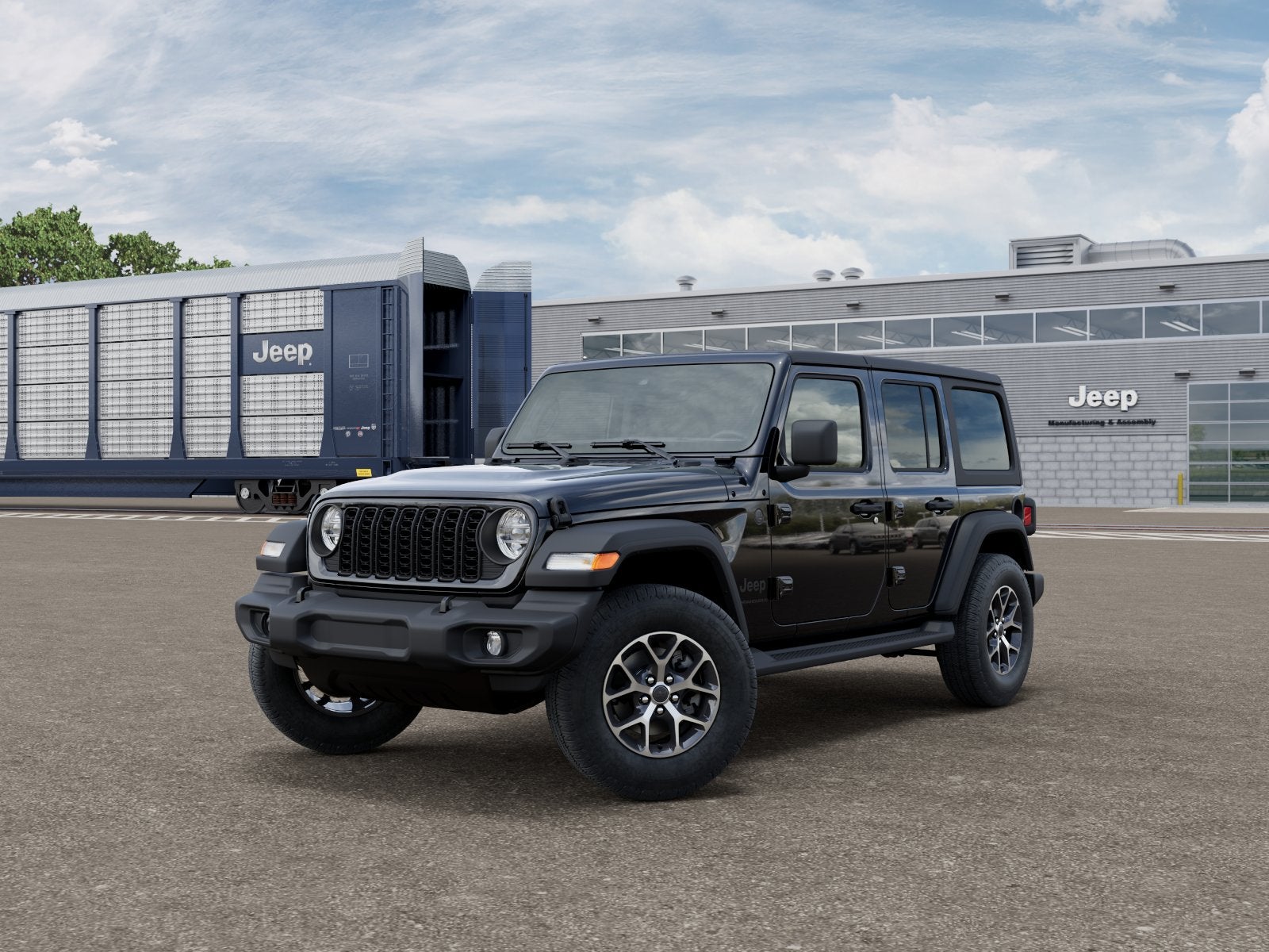 2026 Jeep Wrangler WRANGLER 4-DOOR SPORT S in Black Clear-Coat Exterior Paint — front three-quarter view